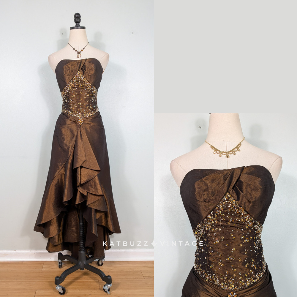 Vintage Prom Dress Maxi Gown XXS 00 Brown Princess Boho Fairy Strapless Y2K Bead